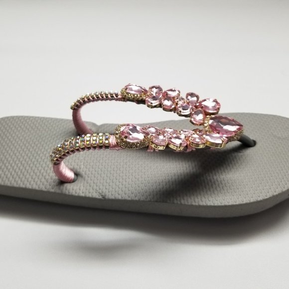 Luxury flip flops with crystals and rhinestones. Grey and pink - Picture 5 of 10